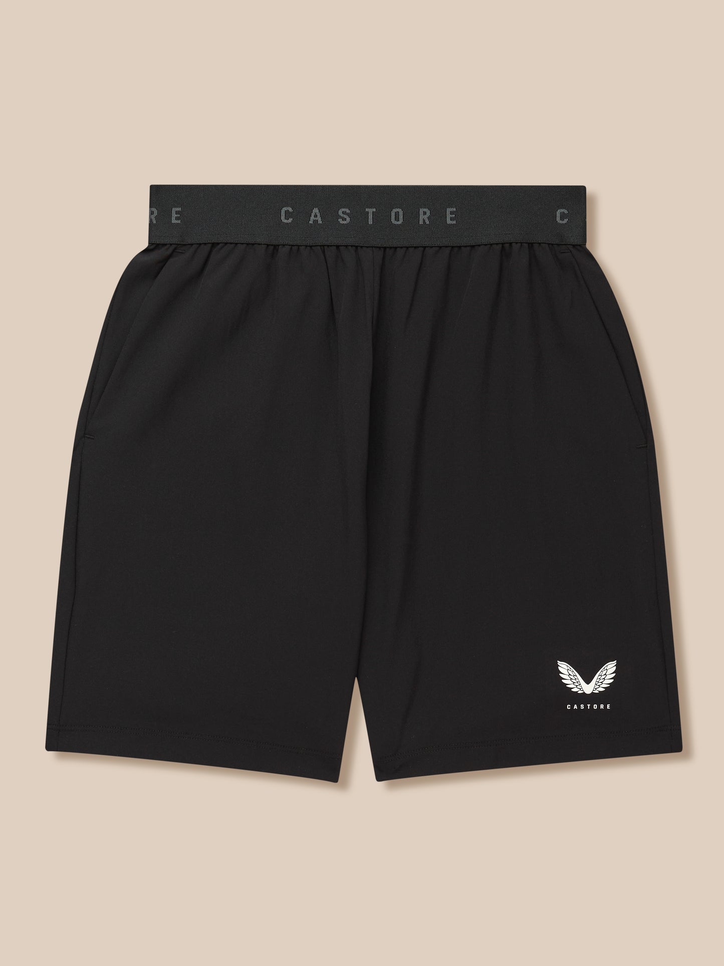 Junior's Adapt Woven Shorts in black with Castore branded waistband and wing logo on the lower right leg.