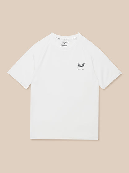 White Junior Adapt Short Sleeve T Shirt flat lay with Castore logo on the chest