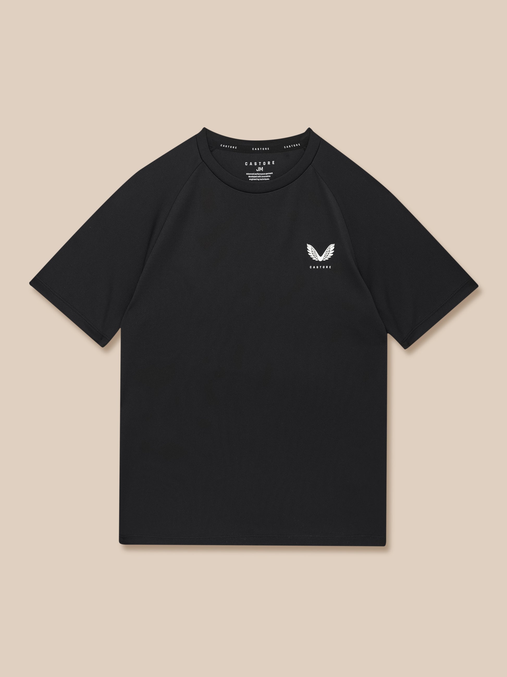 Front view of black Castore T shirt with white wing logo on the left chest