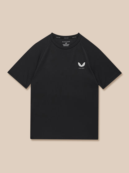 Front view of black Castore T shirt with white wing logo on the left chest