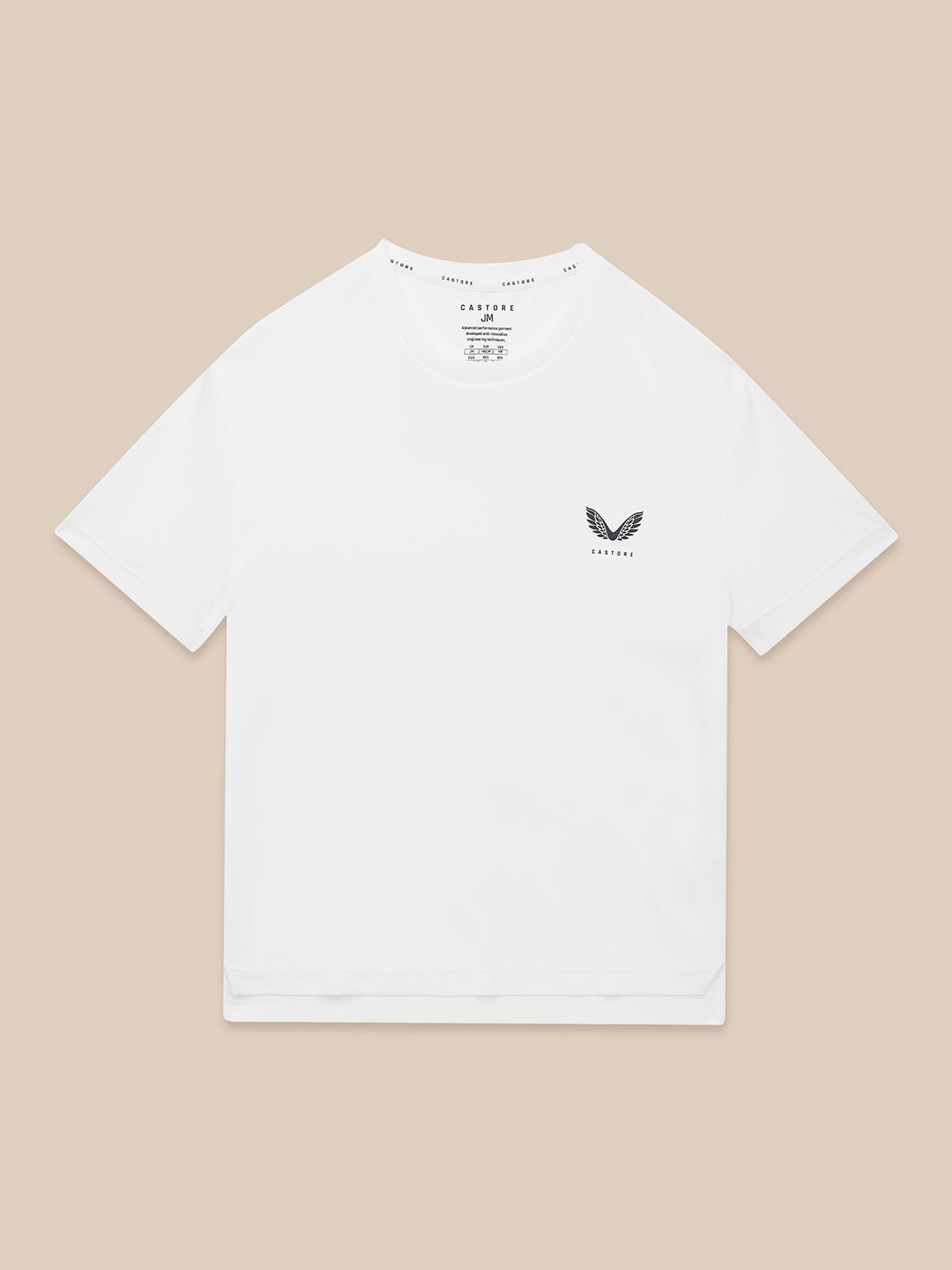 White junior Adapt short sleeve T shirt with reflective Castore logo on left chest.