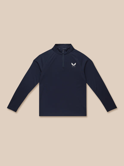 Navy Junior Adapt Lightweight Quarter Zip pullover shown flat with front zip and small white logo on the left chest.