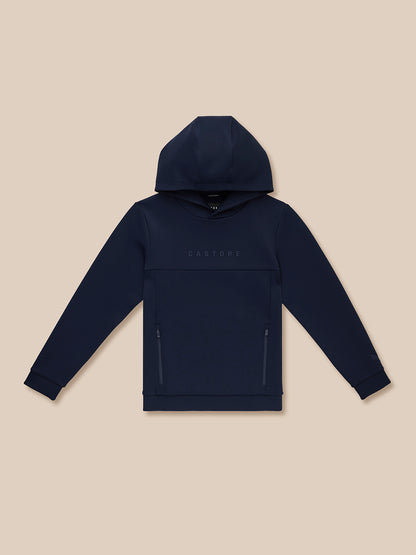Navy Junior’s Flex Scuba hoodie laid flat with hood up, front view showing chest Castore logo and zip pockets.