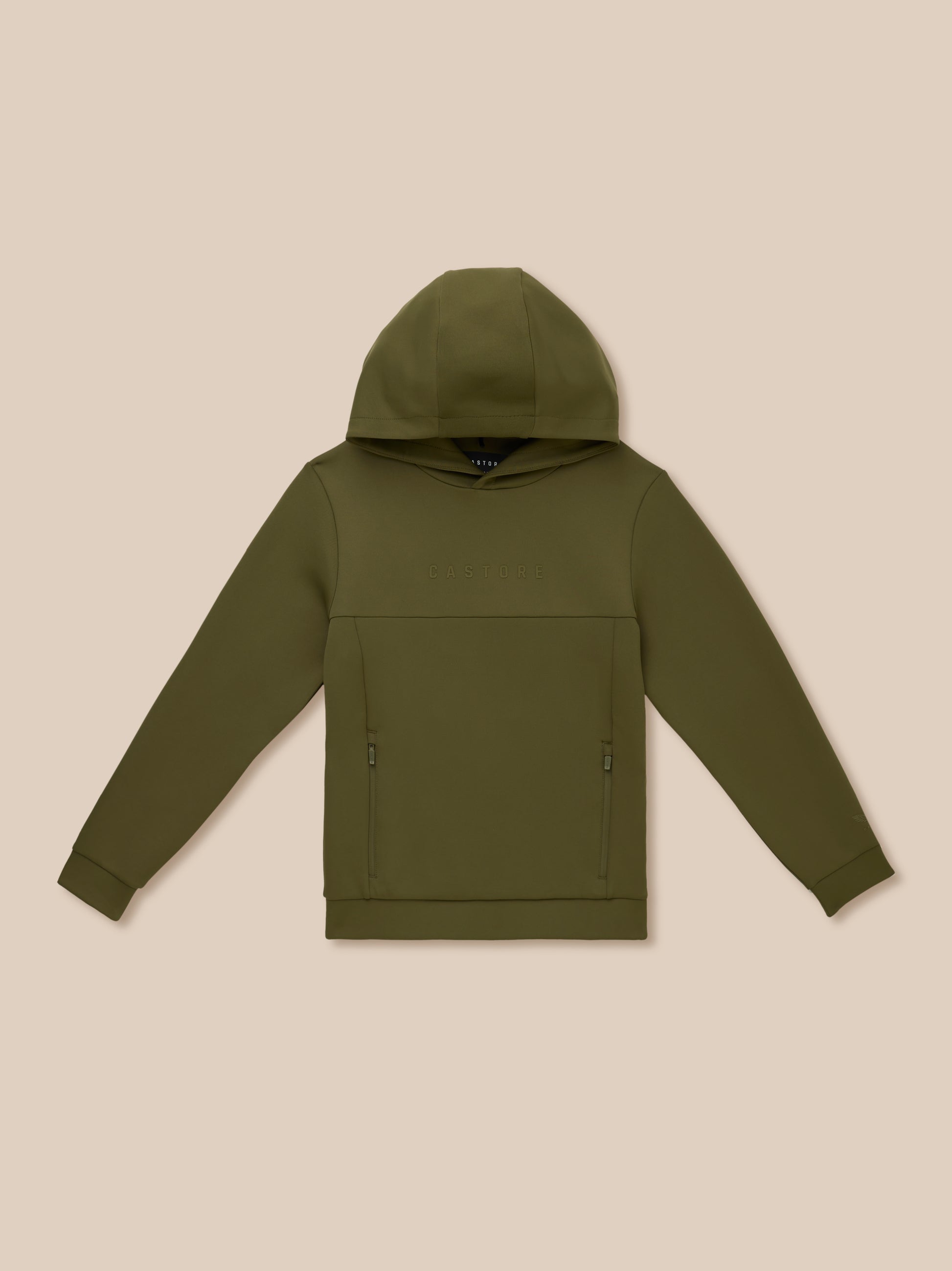 Olive green junior unisex Flex scuba hoodie with hood and CASTORE logo on the chest against a beige backdrop