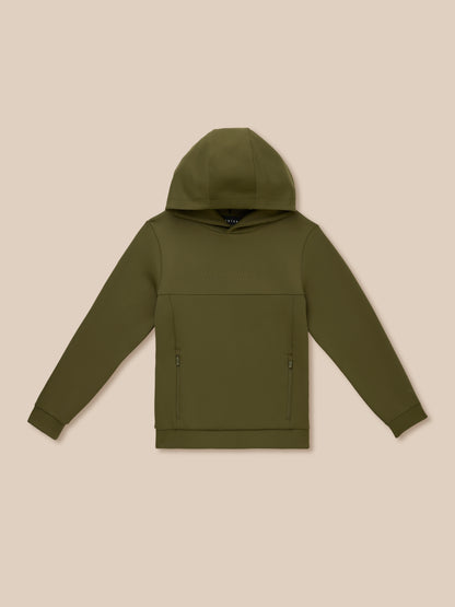 Olive green junior unisex Flex scuba hoodie with hood and CASTORE logo on the chest against a beige backdrop