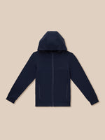Navy hooded full zip jacket laid flat with front zipper and pockets