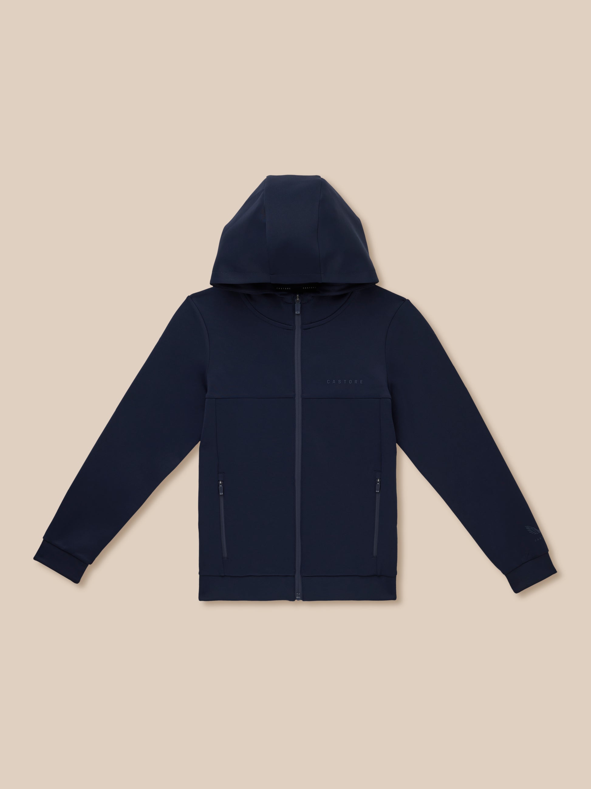 Navy hooded full zip jacket laid flat with front zipper and pockets