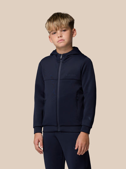 Boy wearing navy junior Flex Scuba full zip hooded jacket with zip pockets.