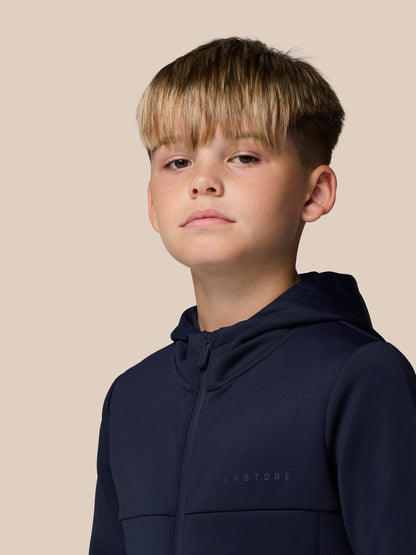 Front view of a young boy wearing navy Junior's Flex Scuba full zip jacket