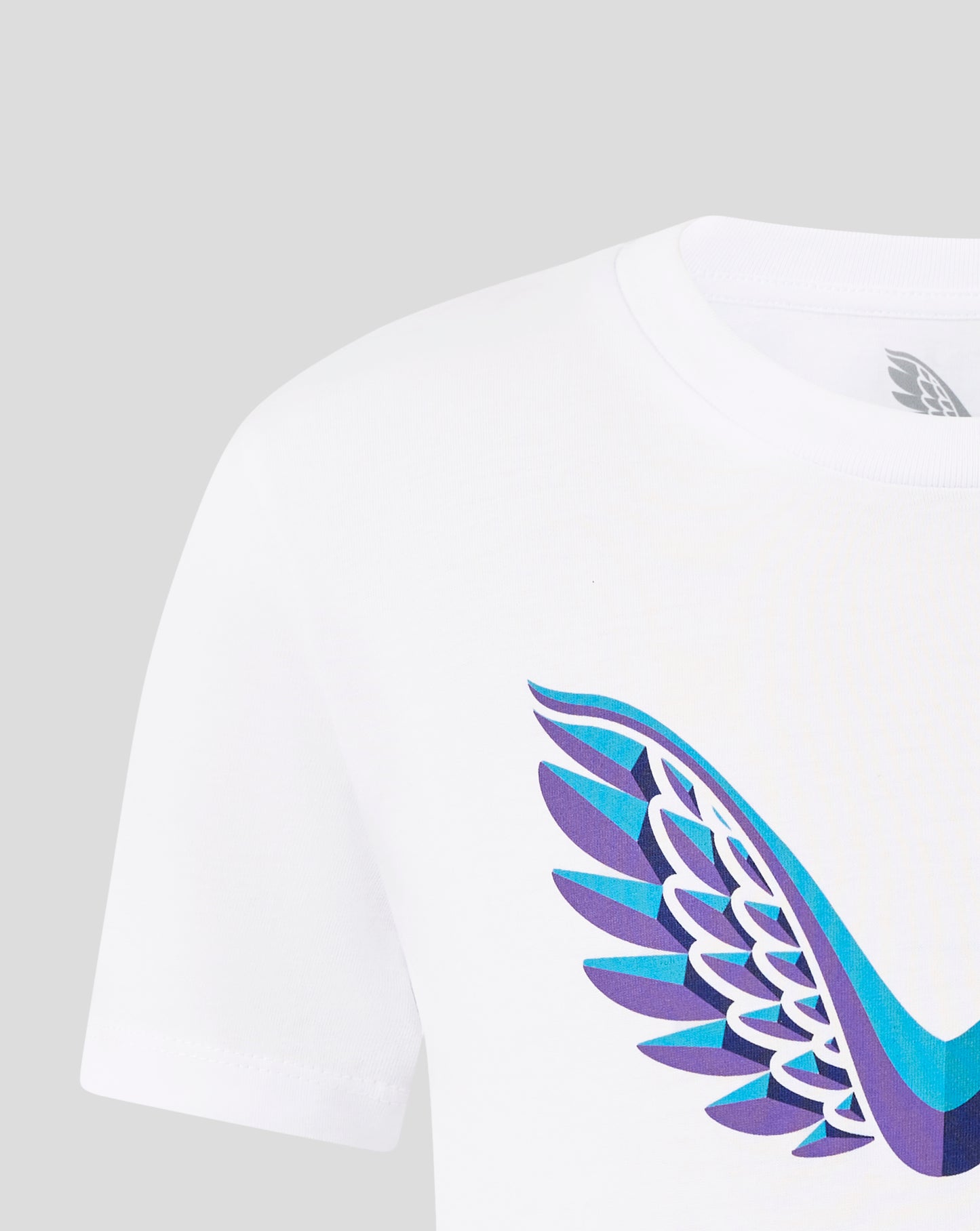 White Majesticks junior graphic T shirt with a large colorful wing motif on the front