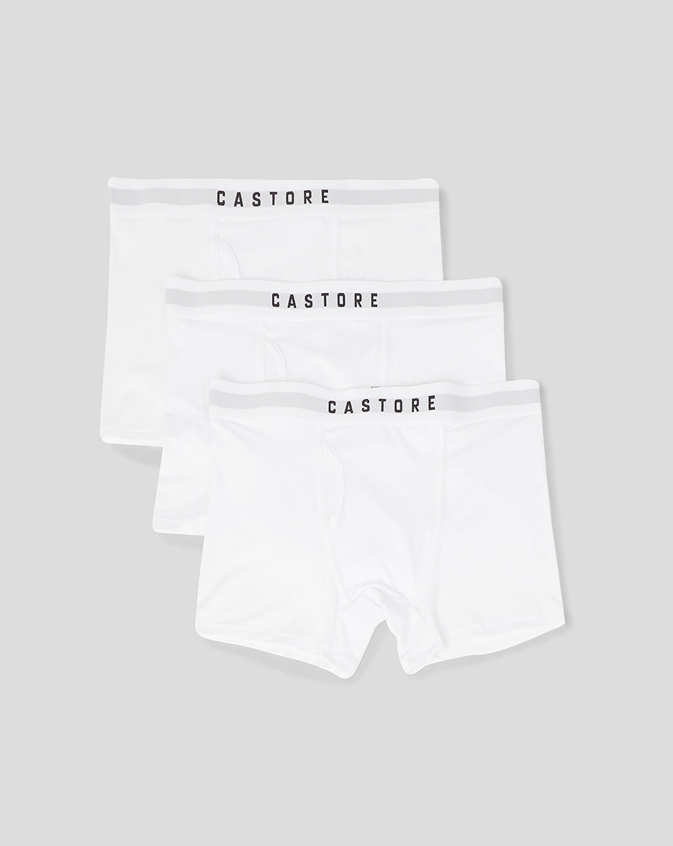 Three white boxer shorts with light gray Castore waistband
