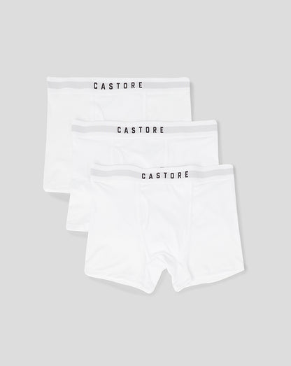 Three white boxer shorts with light gray Castore waistband