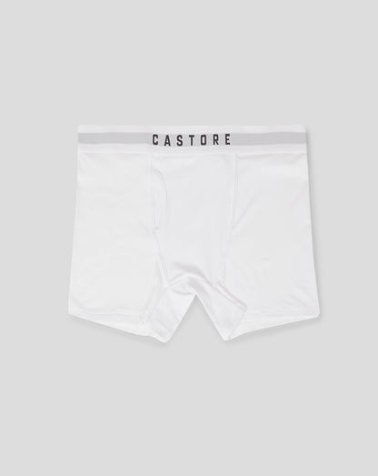 White boxer shorts laid flat with Castore waistband and front panel seam