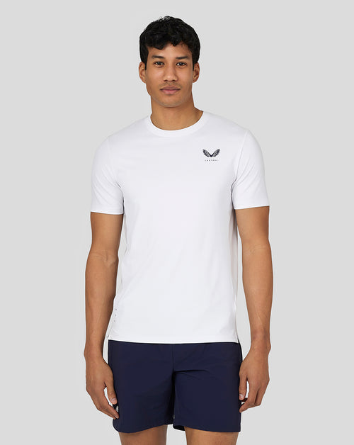 White performance short sleeve T-shirt with Castore logo on the chest worn by a male model
