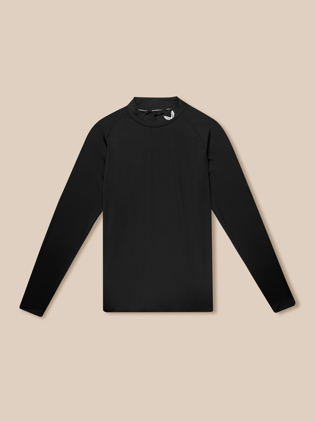 Black men's golf long sleeve base layer with stand collar laid flat showing raglan sleeves