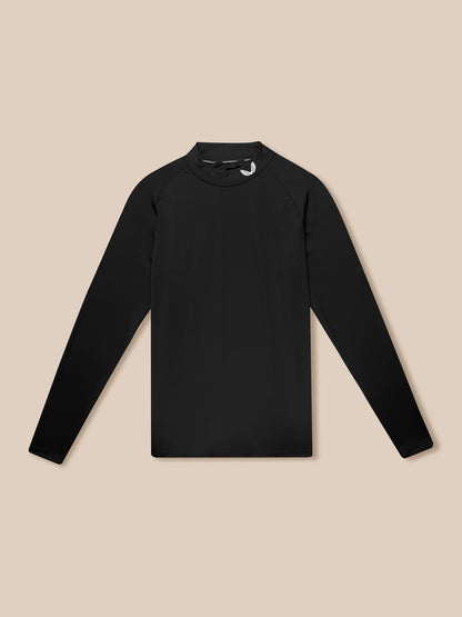 Black men's golf long sleeve base layer with stand collar laid flat showing raglan sleeves