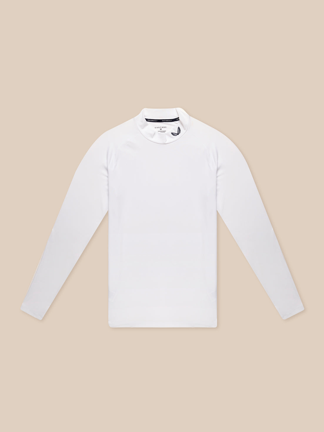 White golf long sleeve base layer top with mock neck laid flat showing Castore branding at collar