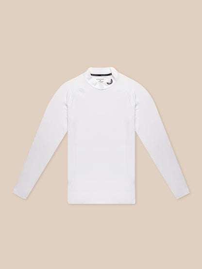 White golf long sleeve base layer top with mock neck laid flat showing Castore branding at collar