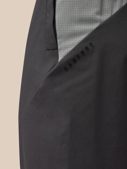 Close up of dark grey jogger fabric with Castore branding on the right leg and light grey inner paneling.