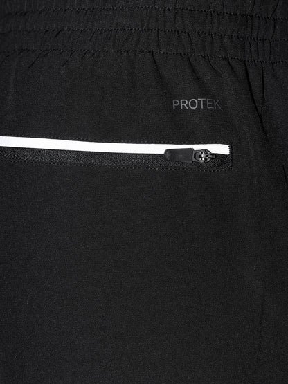 Close up of black jogger fabric showing a reflective zipper pocket and PROTEK branding