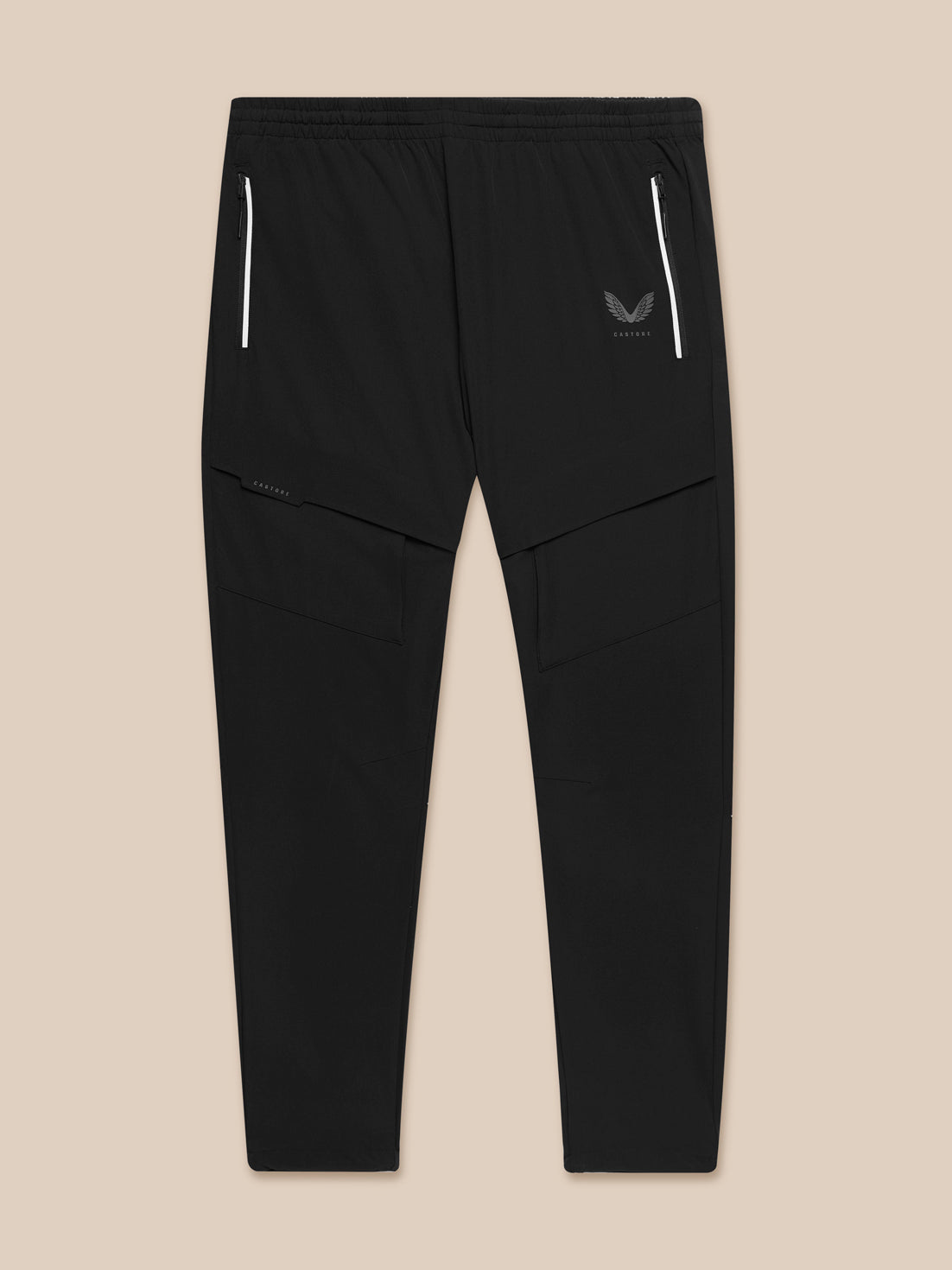 Full view of black Lightweight Flex Cargo Joggers with white zip pockets and Castore logo on left thigh