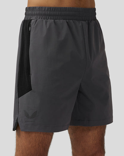 Close up of Apex Training Shorts gunmetal highlighting elastic waistband and zipped side pocket