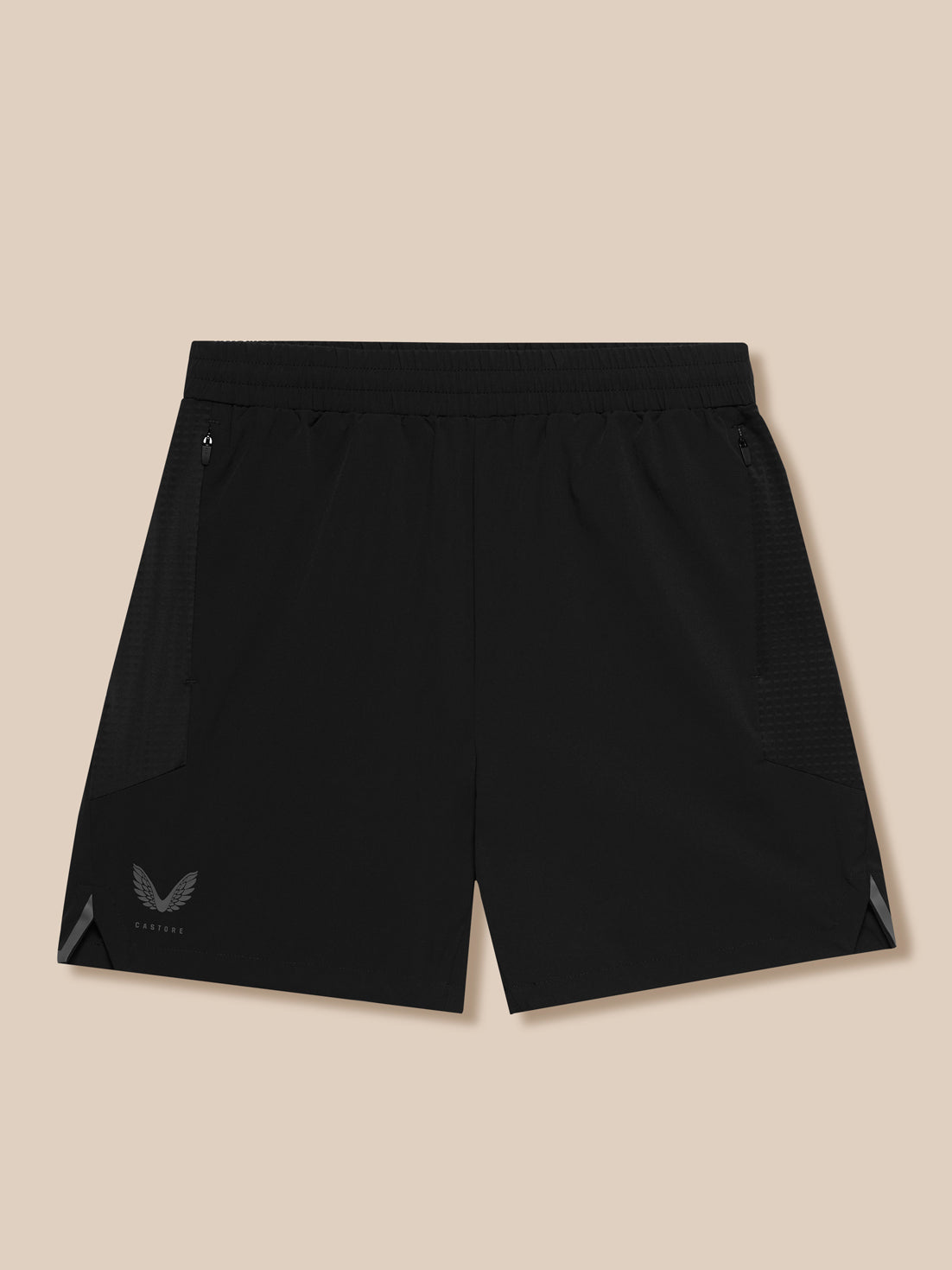 Back view of black Apex Training Shorts with elastic waistband side pocket zips and Castore logo at the hem