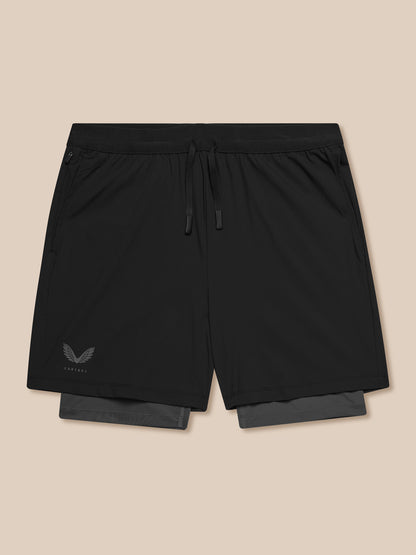 Front view of black Flow Training Shorts with a drawstring waistband and Castore branding on the leg.