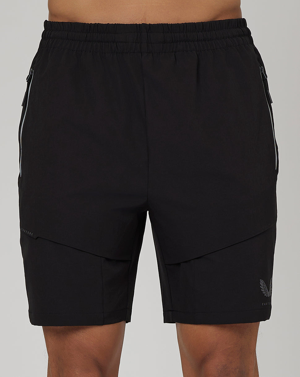 Front view of black Flex Woven Cargo Shorts featuring elastic waistband and zip pockets.