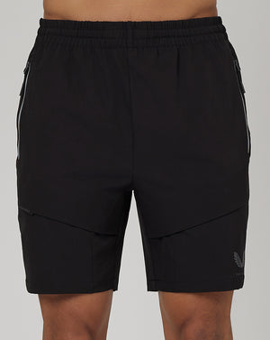 Front view of black Flex Woven Cargo Shorts featuring elastic waistband and zip pockets.