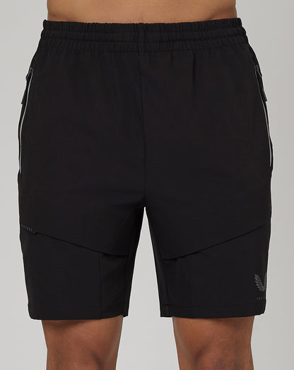 Front view of black Flex Woven Cargo Shorts featuring elastic waistband and zip pockets.