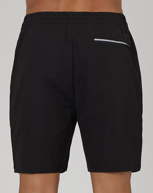 Back view of black Men’s Flex Woven Cargo Shorts with elastic waistband and discreet zip pocket.