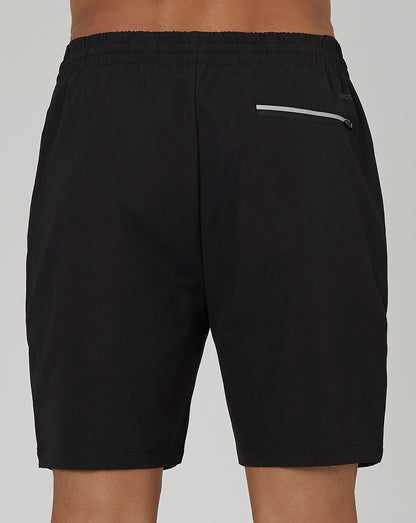 Back view of black Men’s Flex Woven Cargo Shorts with elastic waistband and discreet zip pocket.