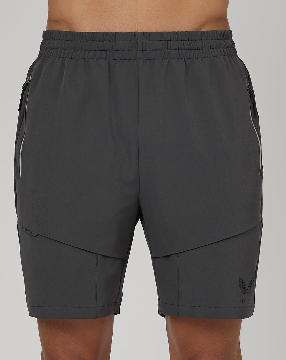 Gunmetal Flex Woven Cargo Shorts back view with back zip pocket and elastic waistband
