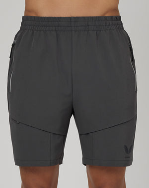 Gunmetal Flex Woven Cargo Shorts back view with back zip pocket and elastic waistband