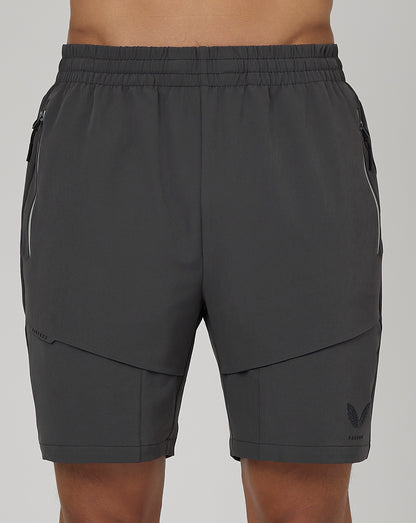 Gunmetal Flex Woven Cargo Shorts back view with back zip pocket and elastic waistband