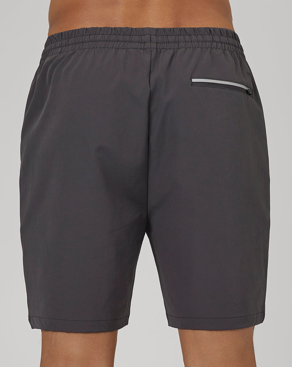 Gunmetal Flex Woven Cargo Shorts back view highlighting side zip pocket and curved paneling