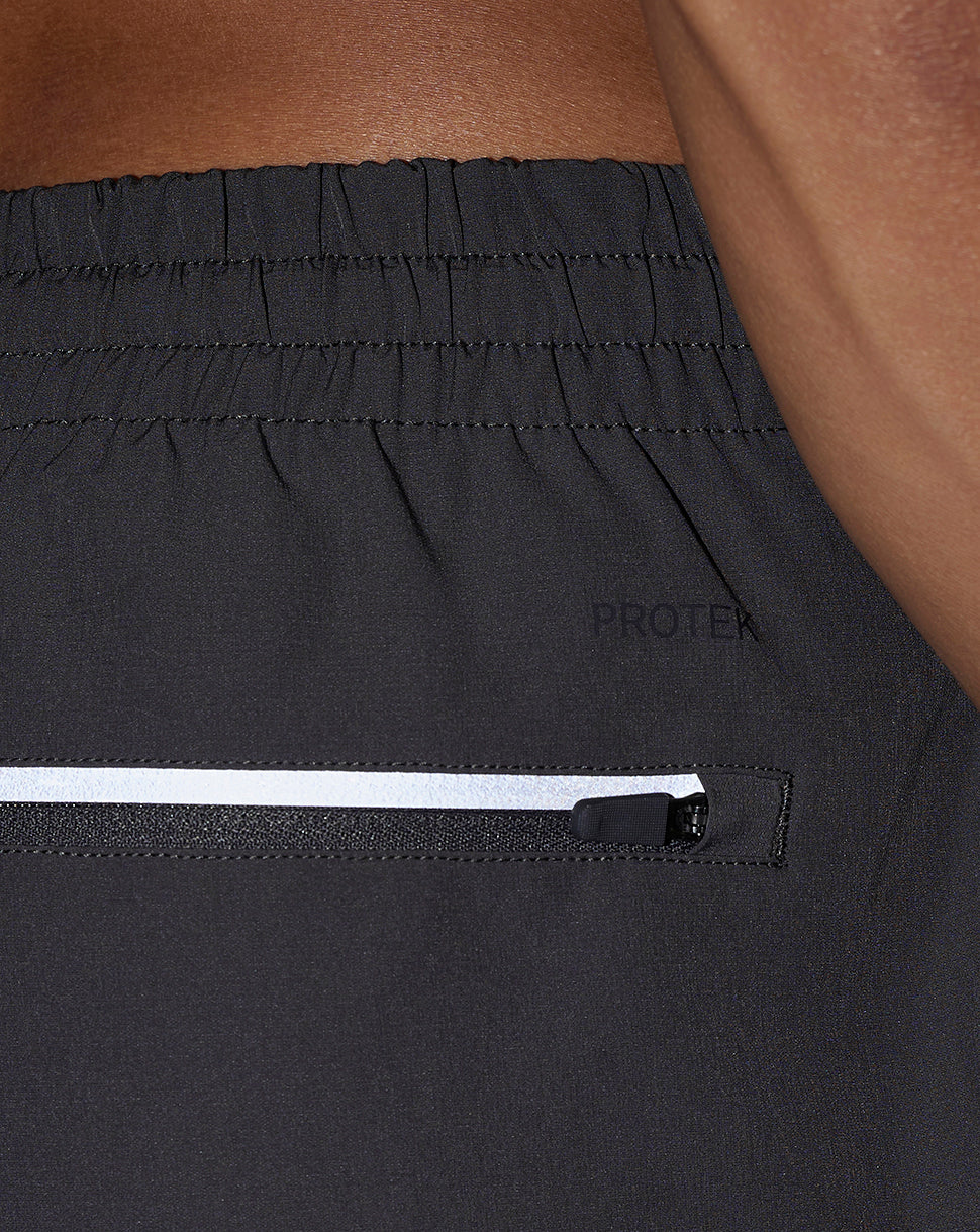 Close-up of black Protek shorts waistband with a horizontal zip pocket