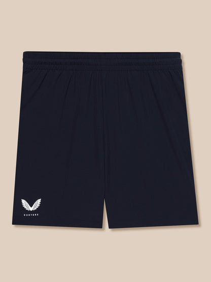 Navy Adapt Training 7 inch shorts back view with elastic waistband and Castore logo on the left leg.
