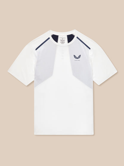 Flat lay white Apex Training T Shirt featuring Aeromesh panels and Castore logo.