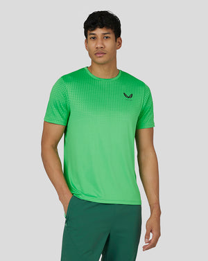 Front view of lime green Men’s Flow Short Sleeve Knit T-Shirt with gradient jacquard and Castore logo on chest