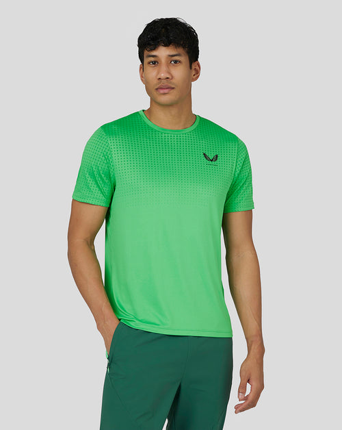 Front view of lime green Men’s Flow Short Sleeve Knit T-Shirt with gradient jacquard and Castore logo on chest