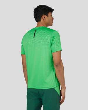 Back view of lime green Men’s Flow Short Sleeve Knit T-Shirt with gradient jacquard and branding on upper back