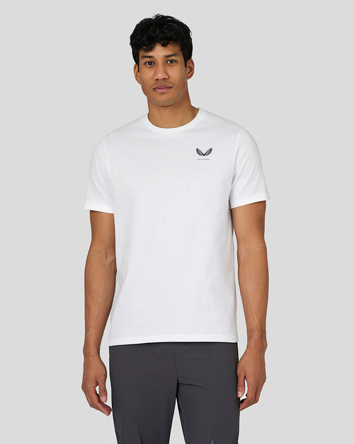 Male model wearing white Men’s Flex Short Sleeve T Shirt with a small Castore logo on the left chest.