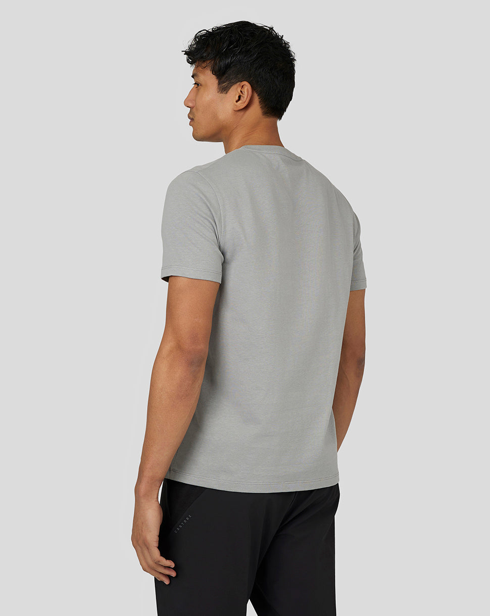 Back view of steel gray Men’s Flex Short Sleeve T Shirt on a model highlighting relaxed fit