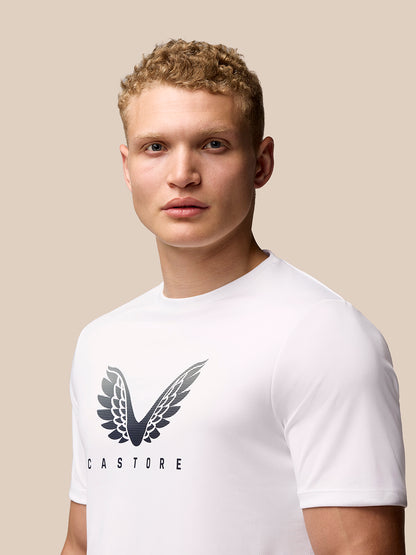 Close up of white Adapt Short Sleeve Graphic T Shirt showing Castore wings graphic on chest
