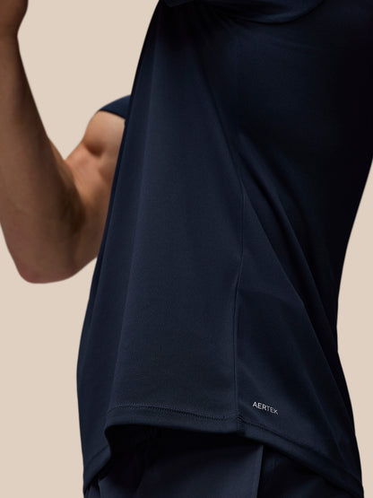 Close up of mesh fabric and lower back Aertek branding on midnight navy Adapt Training T-Shirt
