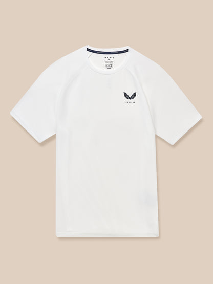White Adapt Training T-Shirt laid flat with Castore crest on the chest and a label at the neckline