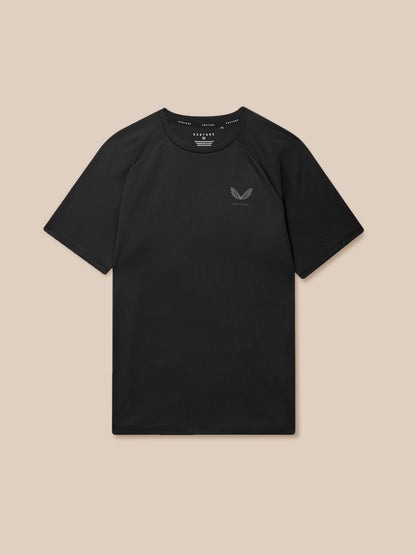 Flat lay of black Adapt Training T Shirt showing Castore wing logo on the chest