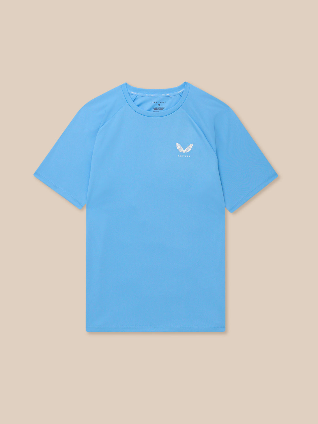 Light blue Adapt Training T Shirt laid flat with round neck and Castore logo on left chest